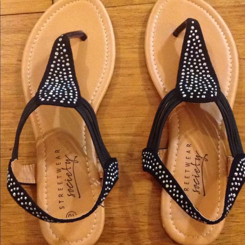 Black and Tan Sandals with Iridescent Rhinestones